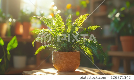 Peaceful Sunlit Corner with Cascading Ferns in a Cozy Indoor Setting 126871542
