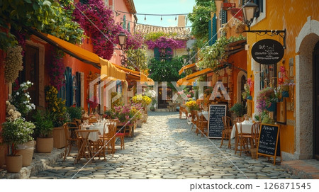 Cozy Urban Street Scene with Cafes Surrounded by Vibrant Flowers and Peaceful Vibes 126871545