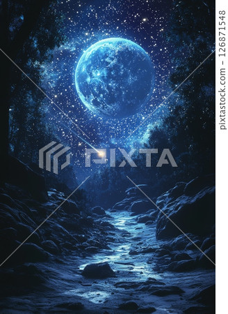 Breathtaking Starry Night with Glowing Moon and Peaceful Forest Background 126871548