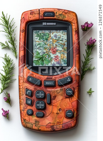 Vintage GPS Receiver with Floral Design Surrounded by Fresh Herbs and Plants 126871549
