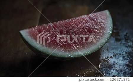 Close-up of a Watermelon Slice with Dew Drops 126871571