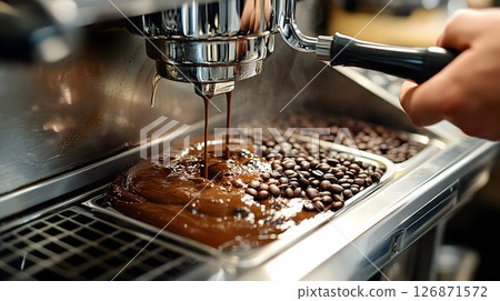 Espresso Machine Pouring Rich Coffee Extract Over Beans 126871572