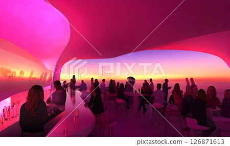 Sunset Rooftop Bar with Vivid Pink Hues 126871613