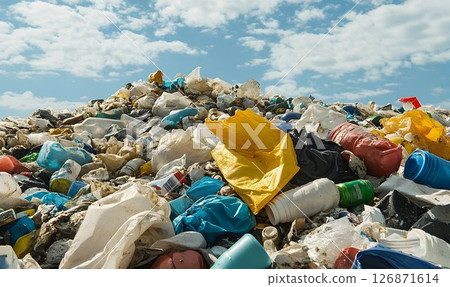 Plastic Waste Mountain Under a Sunny Sky 126871614
