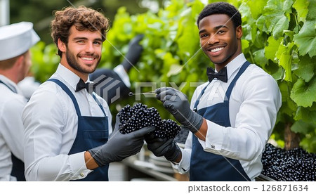 Two Winemakers Inspecting Dark Grapes in a Vineyard 126871634