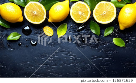 Freshly Sliced Lemons with Green Leaves on Dark Slate 126871639