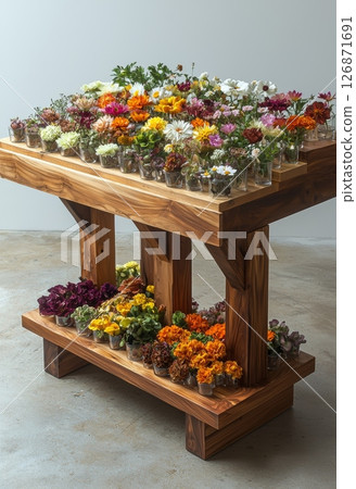 Colorful Flower Display on Rustic Wooden Table for Peaceful Decor 126871691