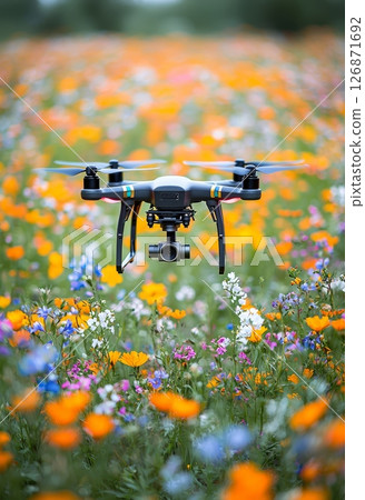 Tiny Drone Surveying Peaceful Flower Field with Vibrant Colors in Nature Scene Tiny Drone Surveying Peaceful Flower Field with Vibrant Colors in Nature Scene 126871692