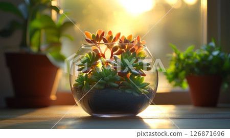 Artistic Peaceful Succulent Terrarium Glowing Under Soft Morning Light 126871696