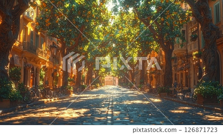 Peaceful Urban Boulevard Lined with Lush Trees and Charming Luxury Stores 126871723