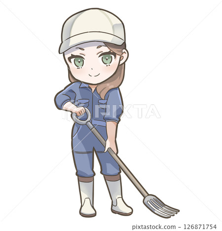 [允許商業使用！ ] 17-SD 插圖，一位日本婦女在乳牛場手持叉子 1-與農業、乳牛養殖、牛奶等相關。 126871754