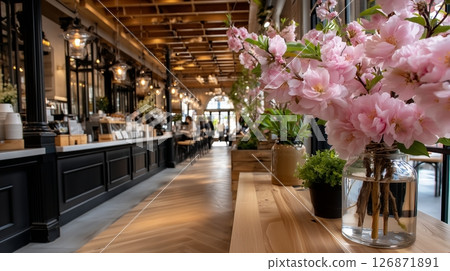 Pink cherry blossoms adorning rustic wooden counter, enhancing cozy coffee shop ambiance with delicate, soft hued floral elegance 126871891