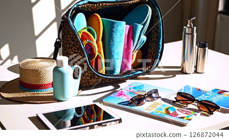 Summer beach essentials scattered on bright white surface, straw sunhat, sunglasses, sunscreen, travel magazines, representing relaxed vacation planning and anticipation 126872044
