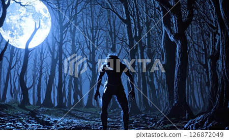 Menacing werewolf prowling through shadowy woodland under moonlit night, embodying supernatural horror and primal fear Menacing werewolf prowling through shadowy woodland under moonlit night, embodying supernatural horror and primal fear 126872049