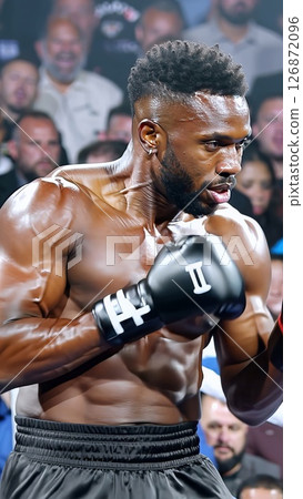 Muscular black boxer wearing boxing gloves is seen from the waist up, preparing for a fight in a boxing ring, with spectators visible in the blurry background 126872096