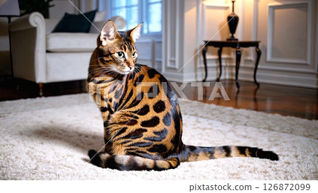 Bengal cat displaying spotted fur pattern resting comfortably on plush carpeting within luxurious interior, embodying feline relaxation and domestic sophistication 126872099