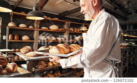 Mature baker placing golden challah on bakery shelves, surrounded by freshly baked loaves, radiating passion for traditional bread making 126872102
