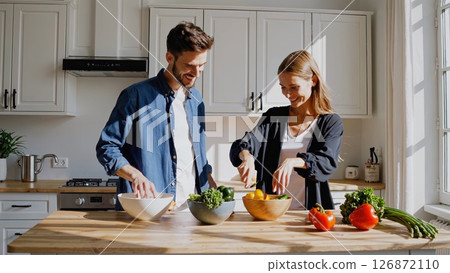Young couple smiling and preparing a vibrant vegetarian salad together at a wooden table, surrounded by fresh vegetables in a sunlit, modern kitchen at home 126872110
