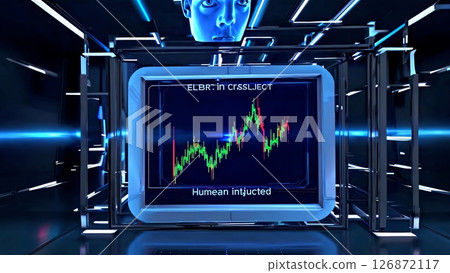 Metallic robotic head analyzing stock market data, glowing digital screen reflecting neon tinted financial landscape, blending AI technology with trading visualization 126872117