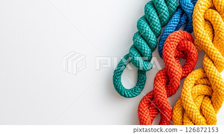 Colorful Adventure Equipment Ropes for Camping and Climbing on White Background 126872153