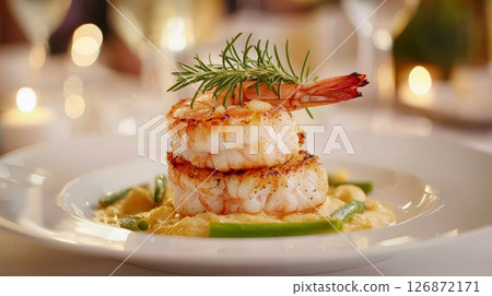 Elegant Gourmet Dinner with Grilled Shrimp and Vegetables on a White Plate, Perfect for Fine Dining and Culinary Presentations 126872171