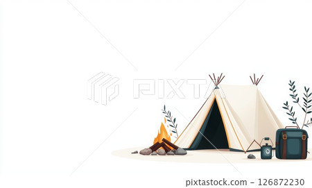 Outdoor Adventure Equipment for Camping and Climbing with Tent, Campfire, and Gear in Scenic Nature Setting 126872230