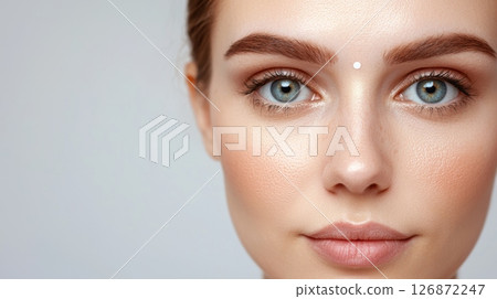 Close-Up Portrait of a Woman with Clear Skin and a Small White Spot on Forehead Highlighting Skin Conditions 126872247