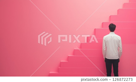 Man Standing at the Bottom of Pink Stairs Representing the Start of a Customer Journey Concept Man Standing at the Bottom of Pink Stairs Representing the Start of a Customer Journey Concept 126872273