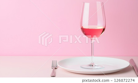 Elegant Dinner Setting with Wine Glass on White Plate Against Pink Background Elegant Dinner Setting with Wine Glass on White Plate Against Pink Background 126872274