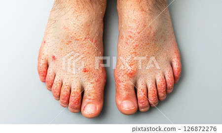 Close-up of Feet with Skin Condition Showing Red Bumps and Irritation on Toes and Soles Close-up of Feet with Skin Condition Showing Red Bumps and Irritation on Toes and Soles 126872276