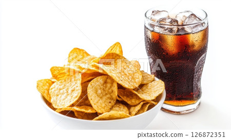 Refreshing Lunch Break with Crispy Chips and Chilled Soda on a White Background 126872351