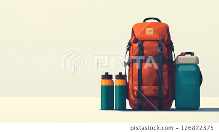 Essential Adventure Equipment for Camping and Climbing - Backpack, Water Bottles, and Gear for Outdoor Enthusiasts 126872375