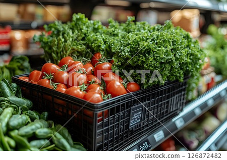 Fresh tomatoes and lettuce overflowing from a black plastic crat 126872482