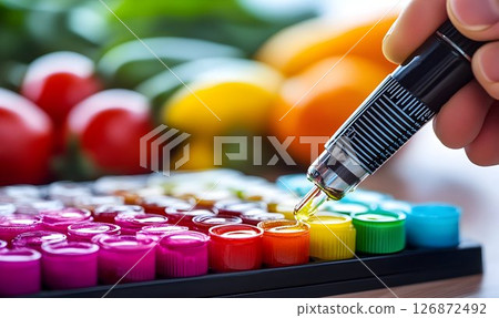 Precision liquid dispensing into colorful vials, laboratory rese 126872492