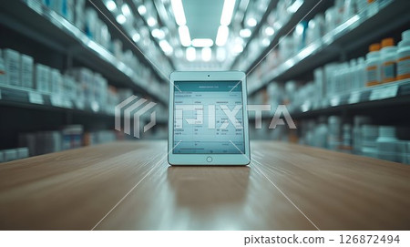 Pharmacy Inventory Management Tablet on Wooden Counter 126872494
