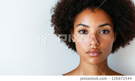 Portrait of a Young Woman with Freckles Highlighting Natural Skin Conditions and Beauty 126872544