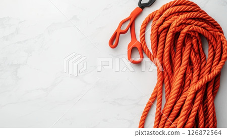 Bright Orange Climbing Rope and Safety Gear on Marble Background - Essential Adventure Equipment for Camping and Climbing 126872564
