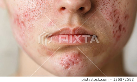 Close-Up of Skin with Acne and Blemishes Highlighting Common Skin Conditions and Imperfections 126872598