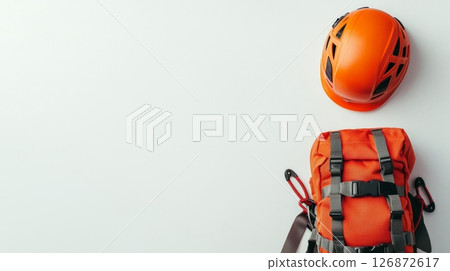 Essential Adventure Equipment for Camping and Climbing - Orange Backpack and Helmet on White Background Essential Adventure Equipment for Camping and Climbing - Orange Backpack and Helmet on White Background 126872617