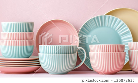 Elegant Dinnerware Set with Pastel Colors for Modern Dining Concepts and Stylish Table Settings Elegant Dinnerware Set with Pastel Colors for Modern Dining Concepts and Stylish Table Settings 126872635