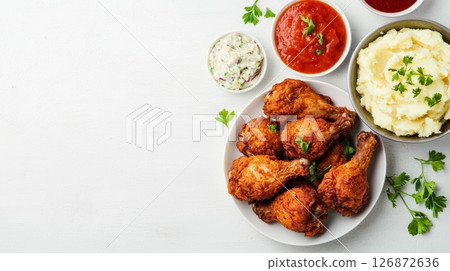Delicious Fried Chicken Lunch with Mashed Potatoes, Coleslaw, and Dipping Sauces on a White Background Delicious Fried Chicken Lunch with Mashed Potatoes, Coleslaw, and Dipping Sauces on a White Background 126872636
