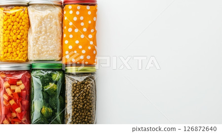 Colorful Zero Waste Concept with Reusable Jars and Fabric Bags for Sustainable Living and Eco-Friendly Storage Solutions 126872640