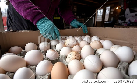 Farm Fresh Eggs: A Close-Up View of Collected Eggs in a Cardboar 126872688