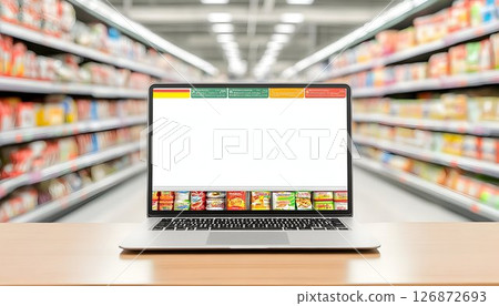 Laptop display showing grocery products against blurred supermar 126872693