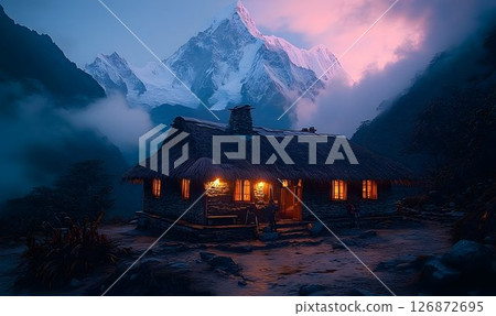 Mountain Refuge Illuminated by Twilight 126872695