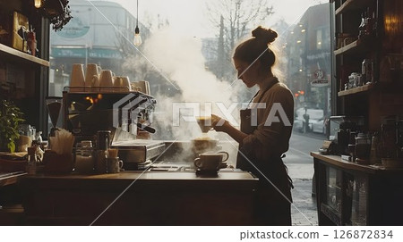 Barista Preparing Coffee in a Cozy Cafe with Dramatic Steam and 126872834