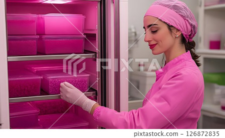 Scientist in pink lab coat examines samples in a pink illuminate 126872835