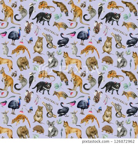 Australian fauna with floral elements seamless pattern. Hand drawn koala, kangaroo, dingo dog, quokka, platypus, kookaburra illustrations. Australia animals and birds pattern on lavender background 126872962