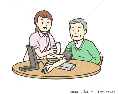 A smiling nurse measuring blood pressure with a sphygmomanometer and an elderly man, half-body illustration A smiling nurse measuring blood pressure with a sphygmomanometer and an elderly man, half-body illustration 126873086