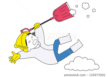 A woman slips and falls while shoveling snow 126873092